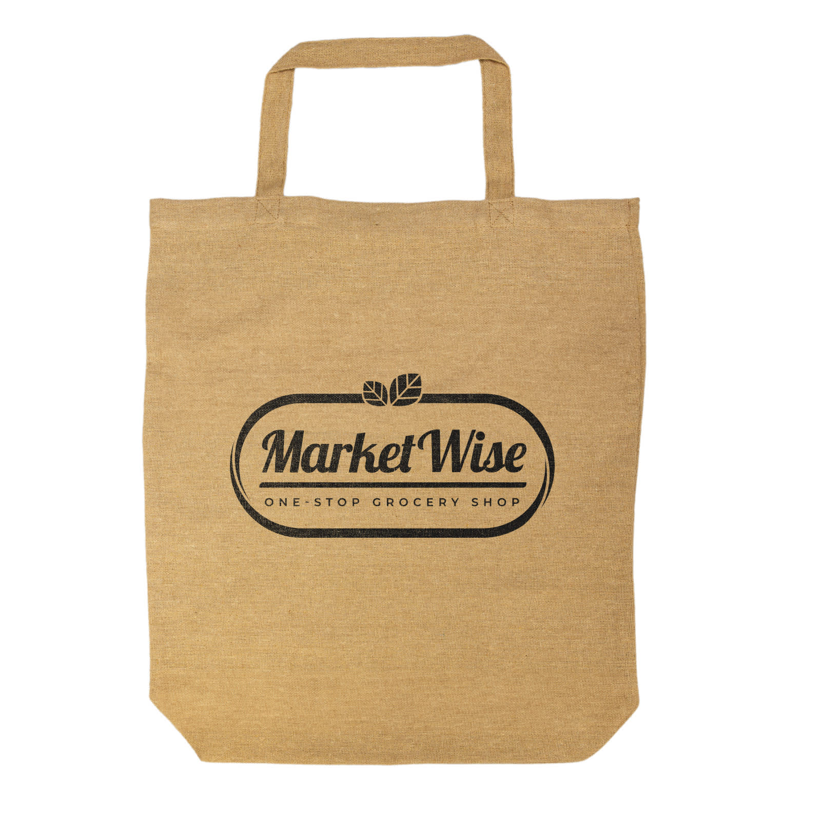 A short-handled tote bag in a natural fibre color with a black logo that reads 