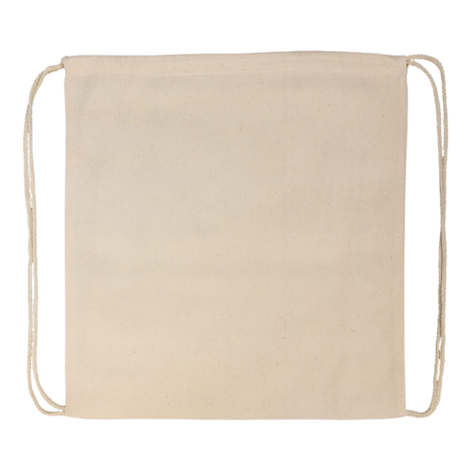 A cream drawstring backpack with a cinched opening, held by a hand. It features a simple design and a logo.