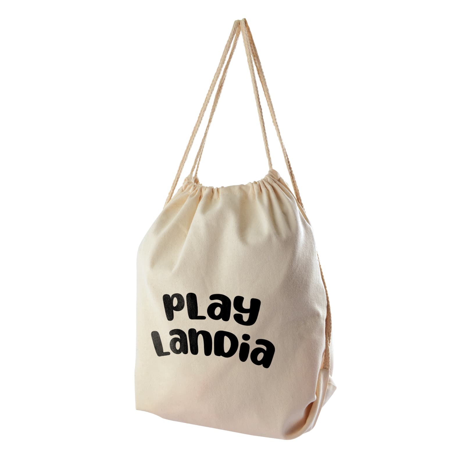 A beige drawstring backpack featuring the text 