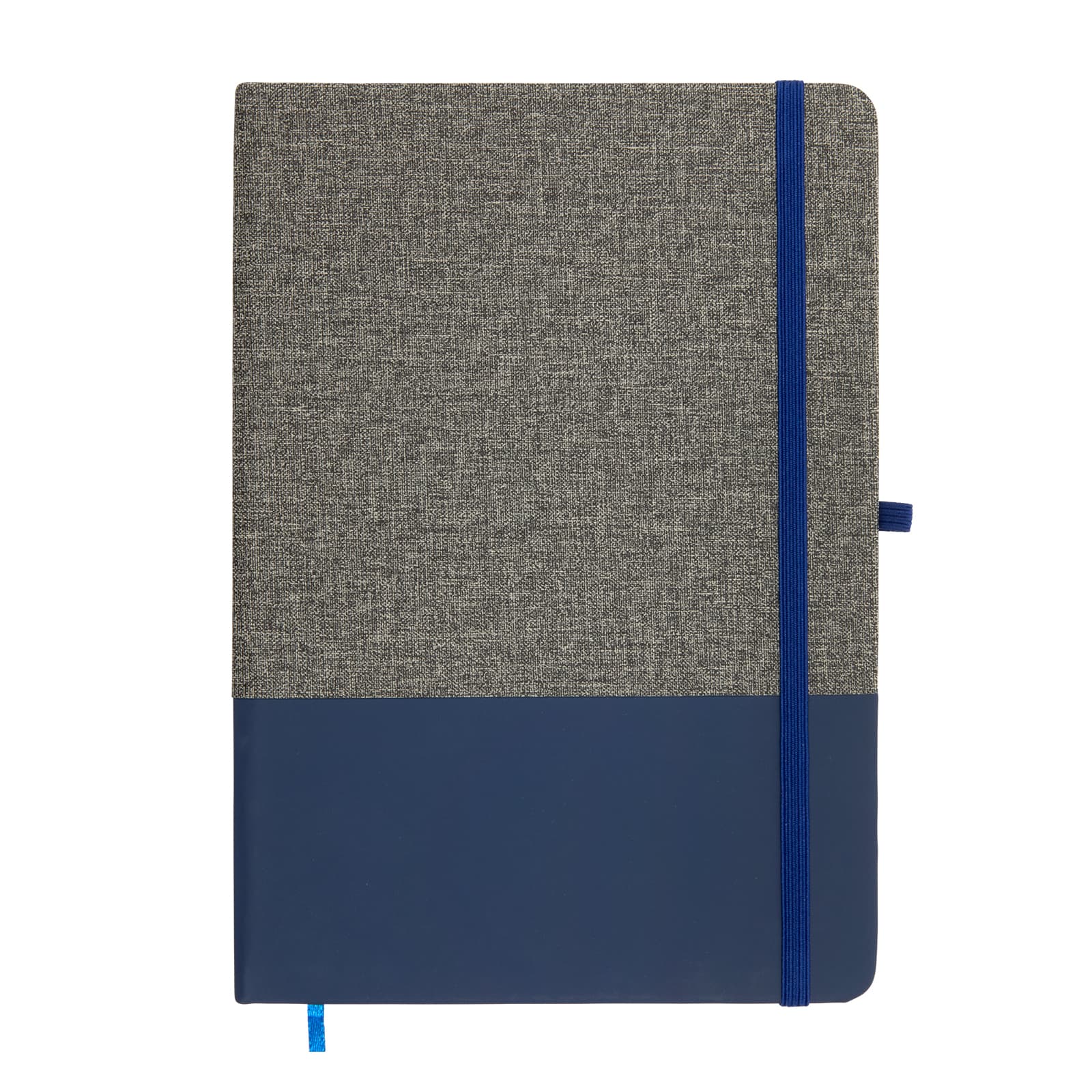 A Venture Bondi A5 Notebook with a textured grey cover and a navy blue bottom half, featuring an elastic band closure.