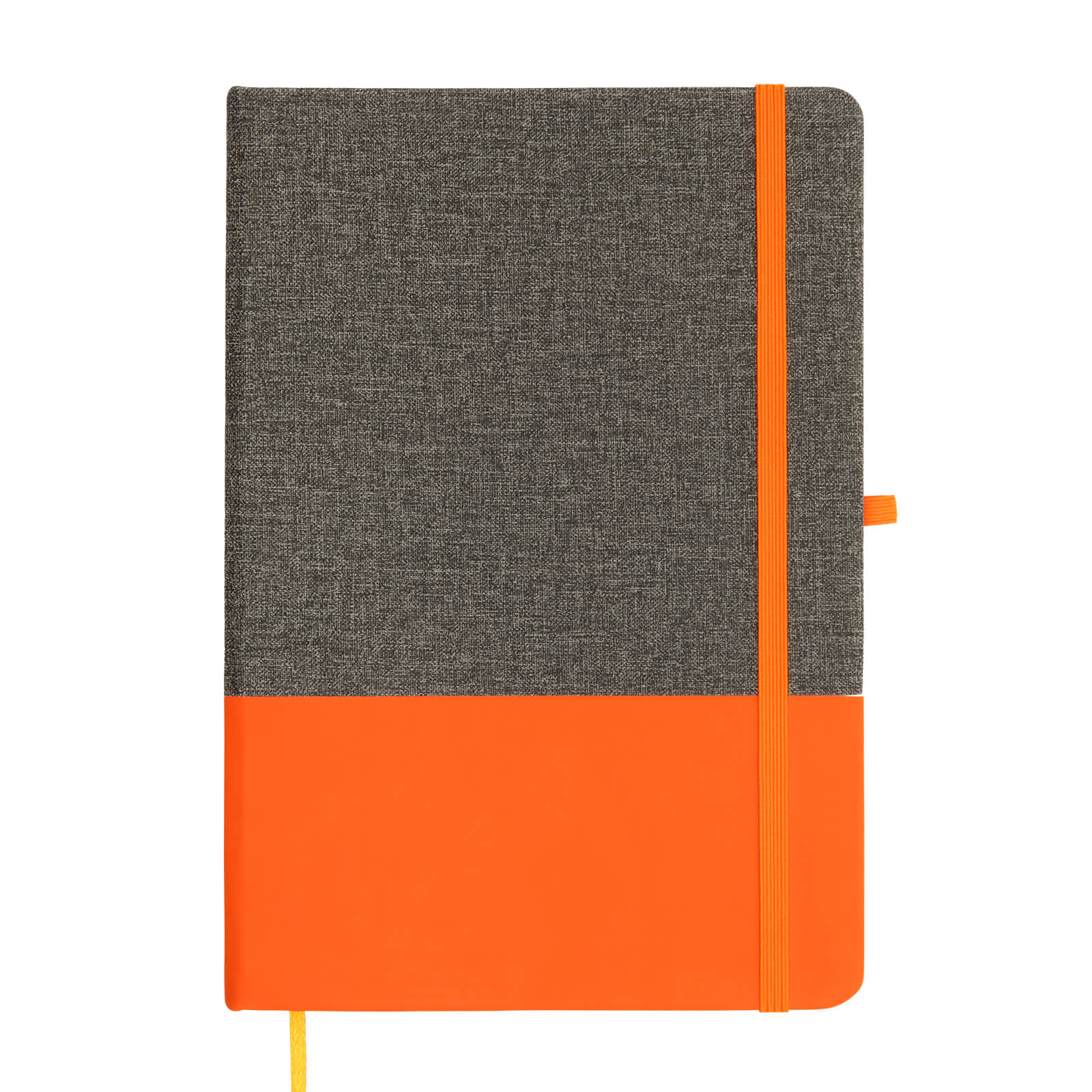 A Venture Bondi A5 Notebook featuring a textured gray cover with an orange bottom half and matching elastic closure.