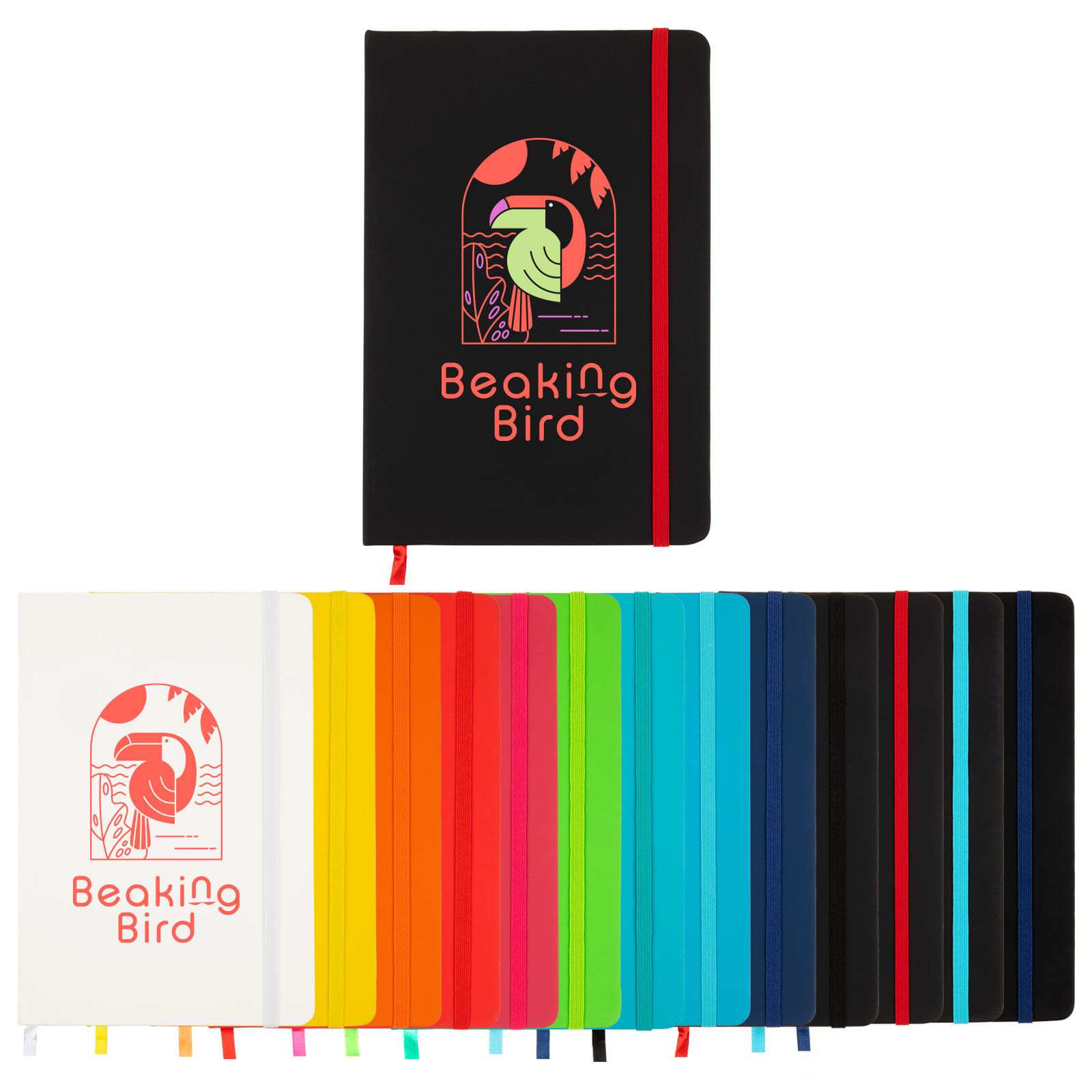 A collection of colourful A5 notebooks in various shades, featuring a logo on one. Colours include orange, purple, and blue.