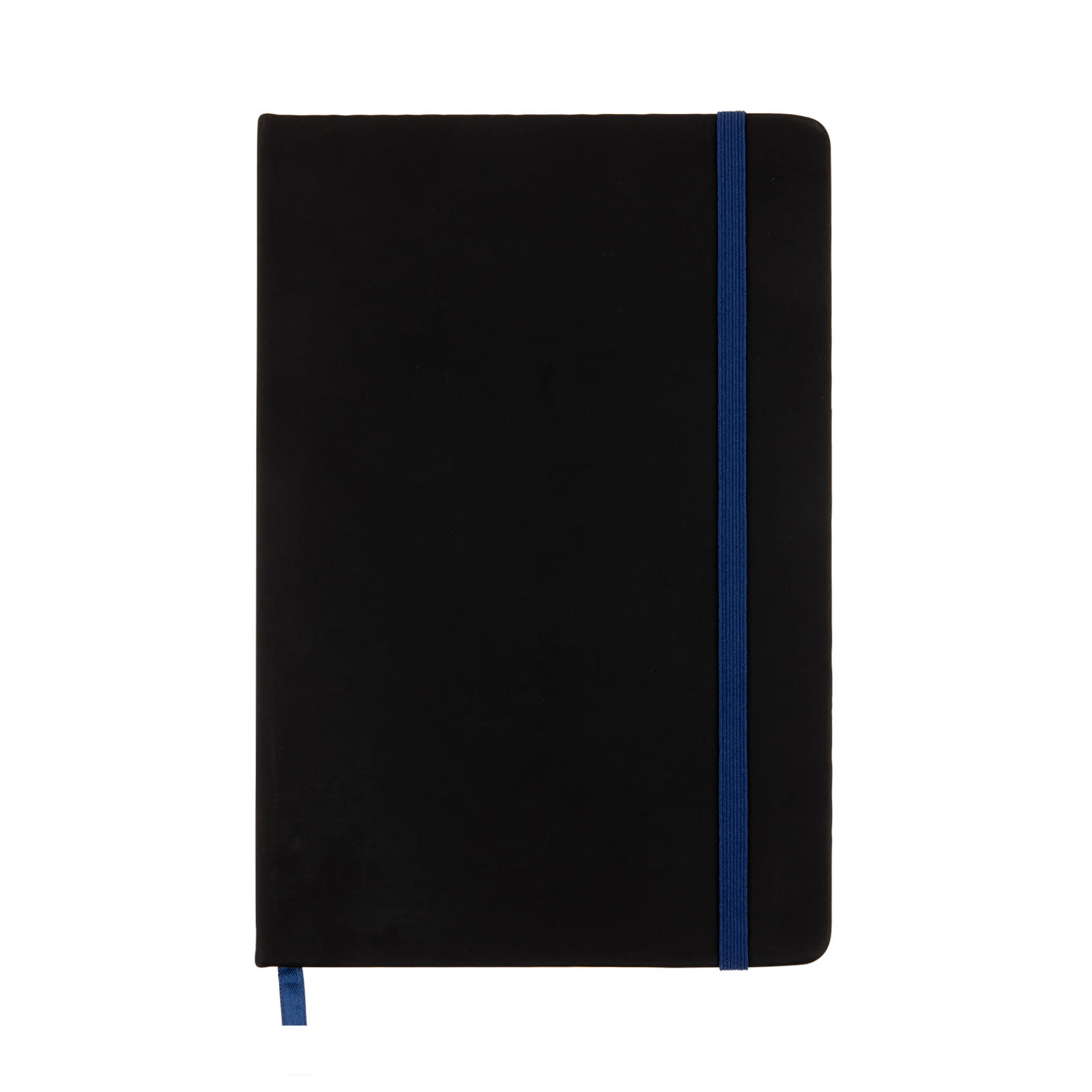 A Venture A5 Notebook featuring a sleek black cover and a blue elastic band closure.