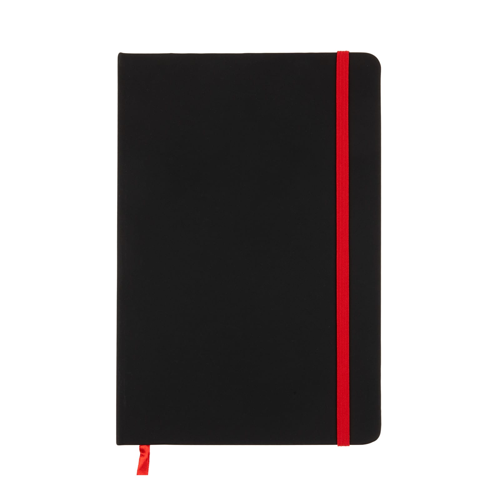 A black A5 notebook with a red elastic band closure. The notebook features a smooth surface and a ribbon marker.