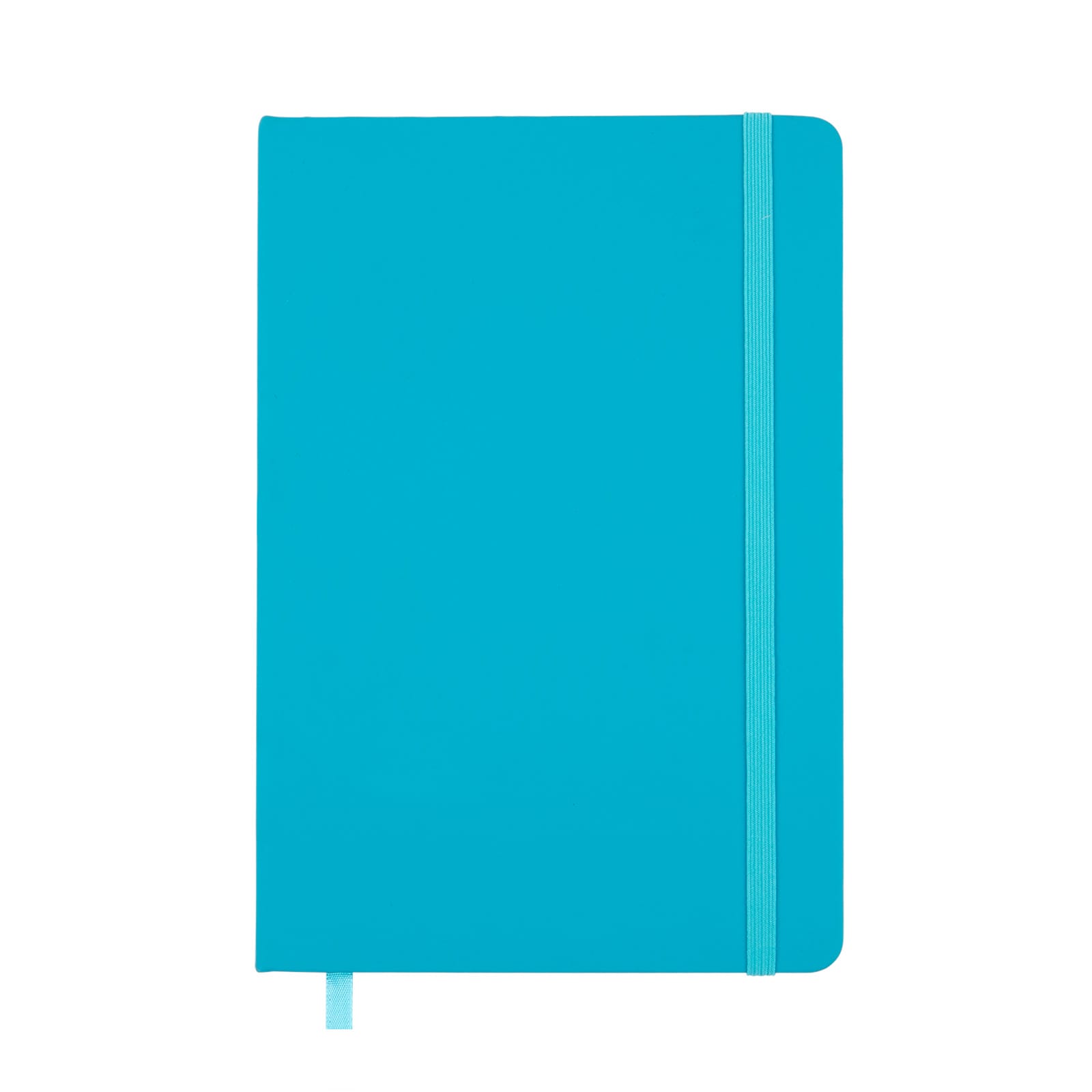 A vibrant turquoise Venture A5 Notebook featuring a smooth cover and a matching elastic closure.