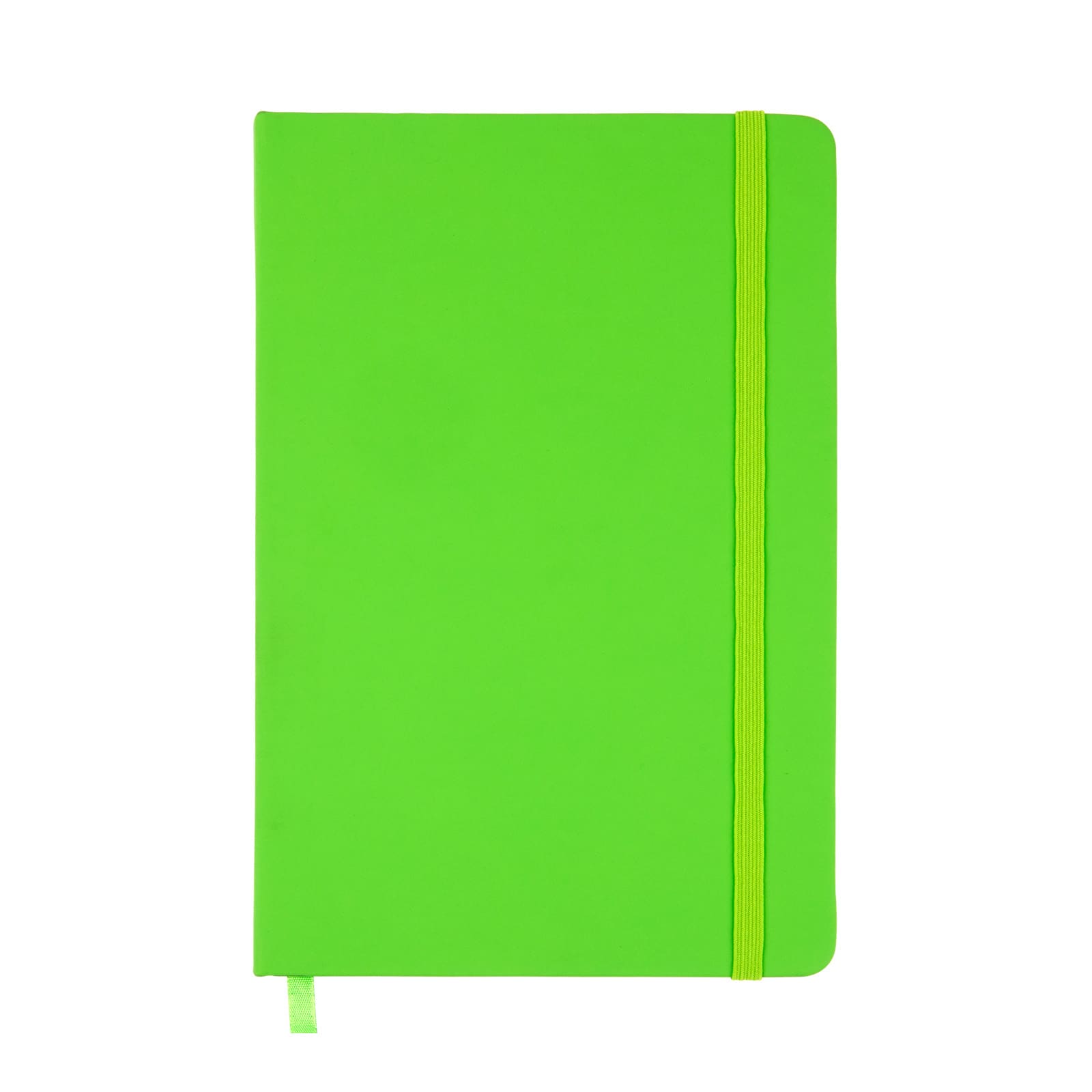 A vibrant green A5 notebook featuring a smooth cover, an elastic band closure, and a ribbon bookmark.