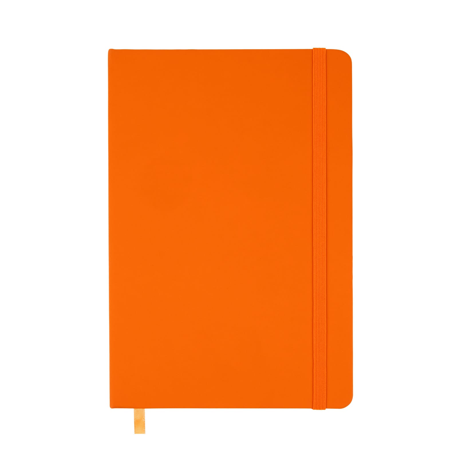 An orange A5 notebook with a smooth cover, an elastic closure, and a ribbon bookmark.