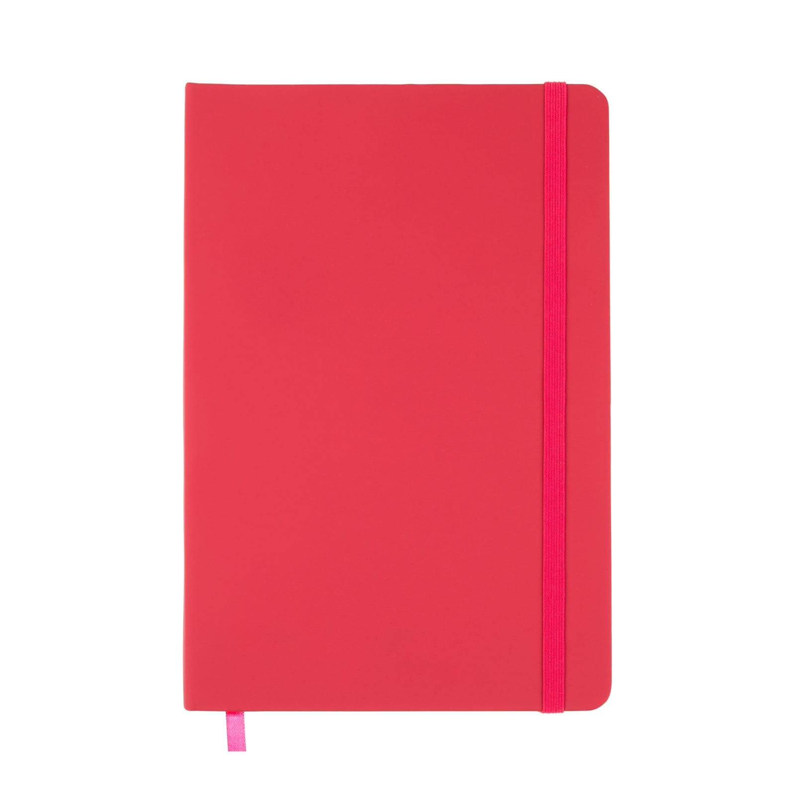 A Venture A5 Notebook featuring a sleek red cover with a coordinating pink elastic band.
