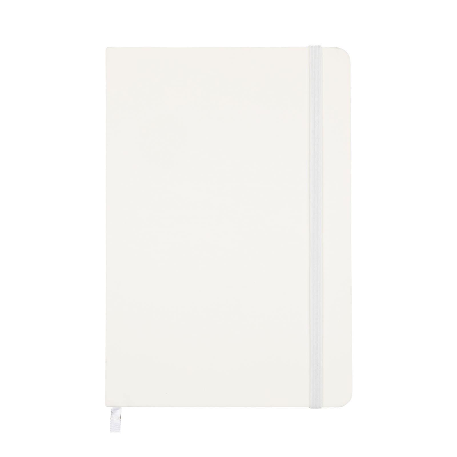 A Venture A5 Notebook with a clean, white cover and a coordinating elastic band closure.