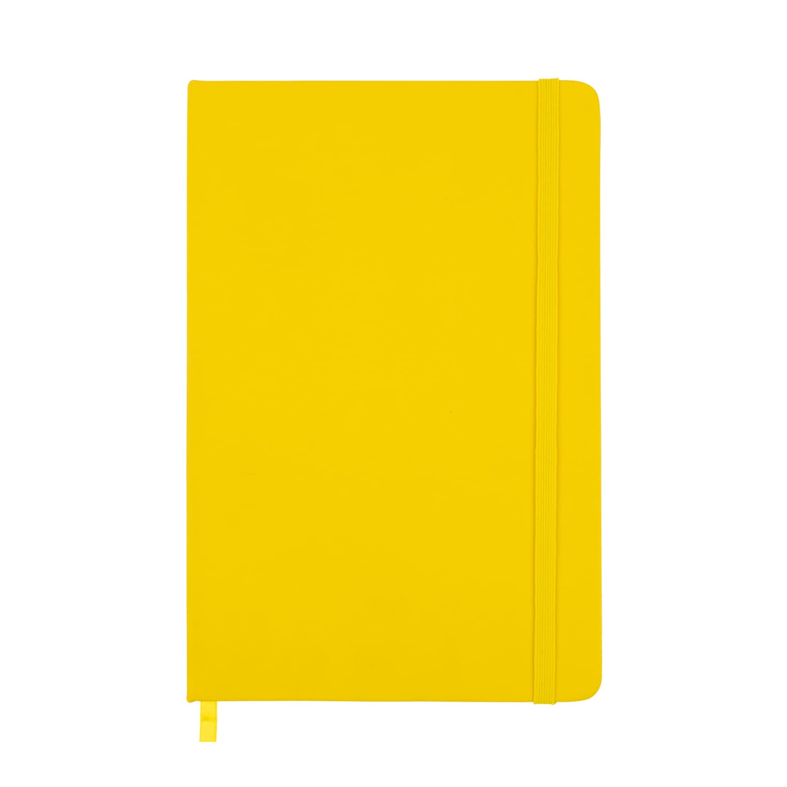 A yellow A5 notebook with a flexible cover and an elastic band closure.