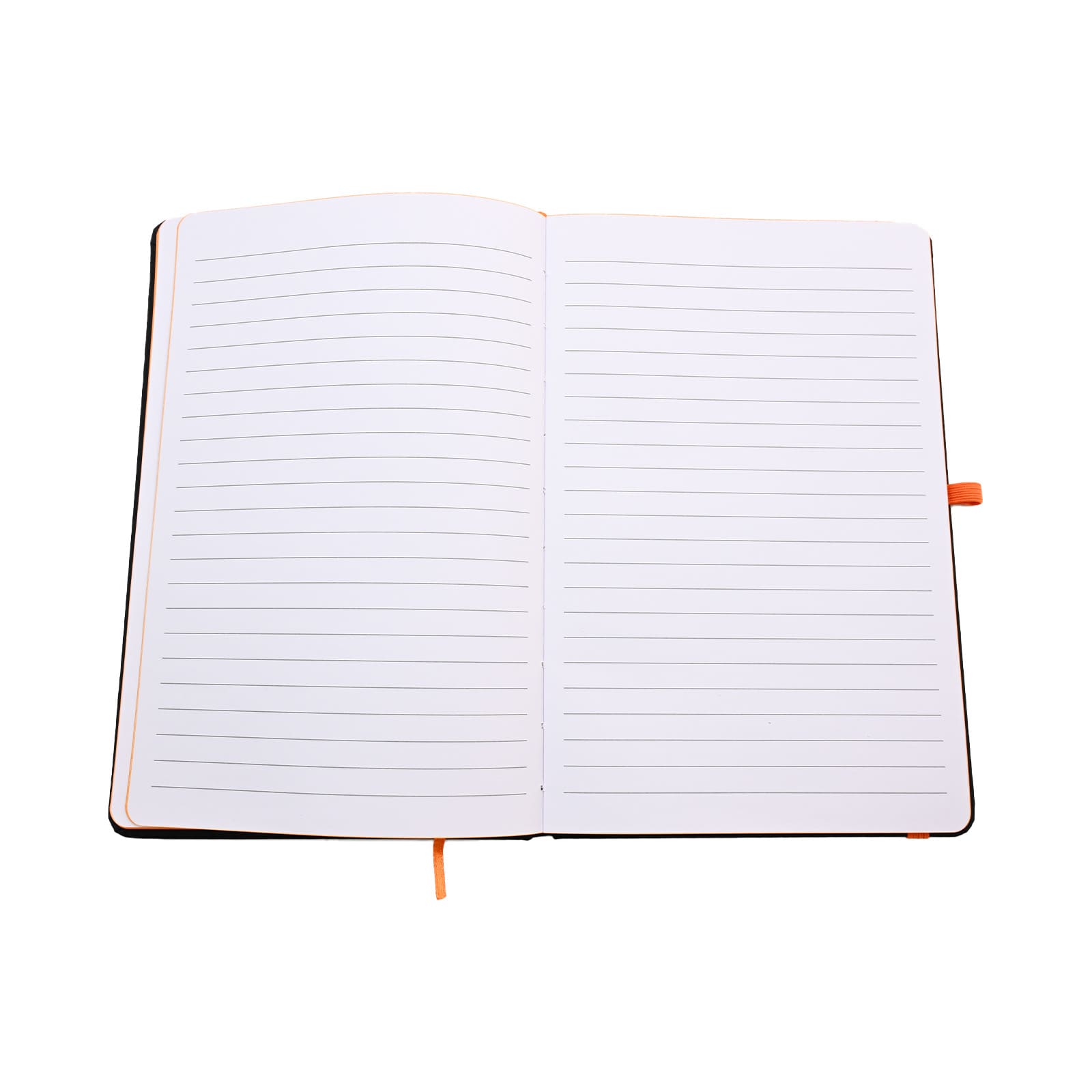 An open A5 notebook featuring lined pages and an orange ribbon bookmark, with a black cover.