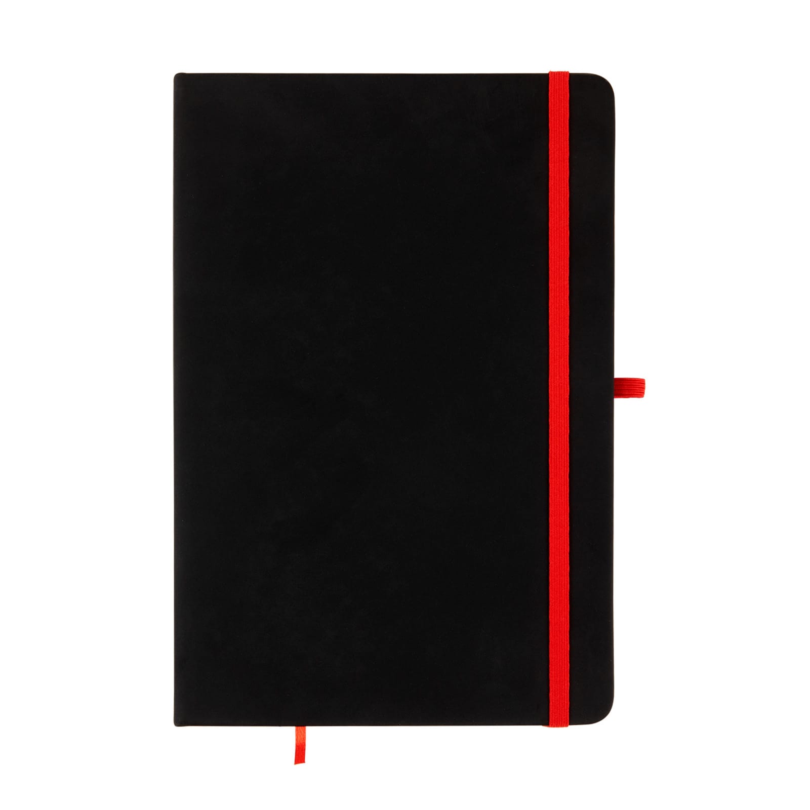 A Venture Supreme A5 Notebook with a sleek black cover and a vibrant red elastic band closure.