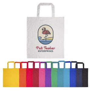 A collection of coloured cotton tote bags featuring a prominently displayed logo. The bags include various bright shades.
