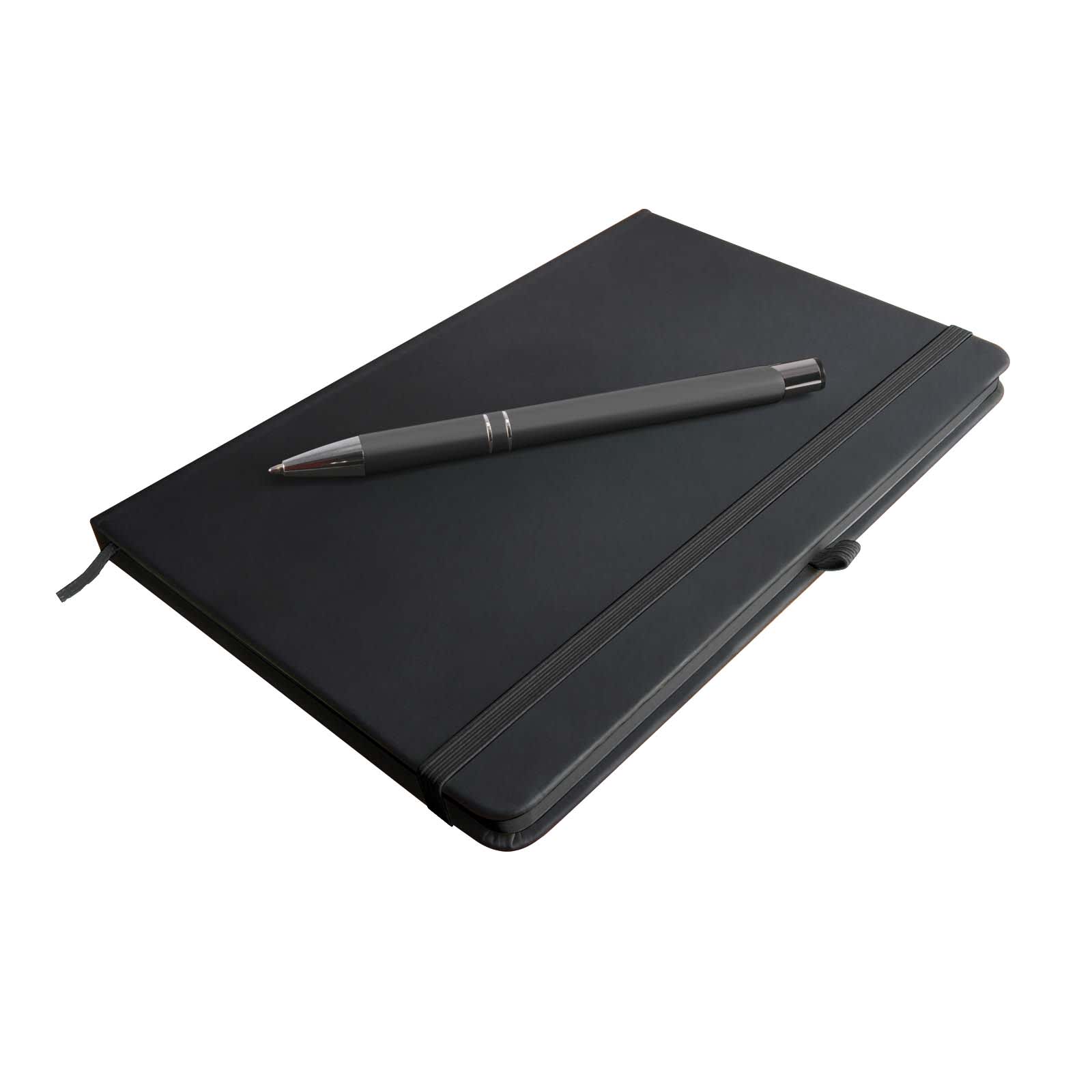 A Venture Supreme Notebook accompanied by a Napier Pen, both in a sleek black design, ideal for office and business use.