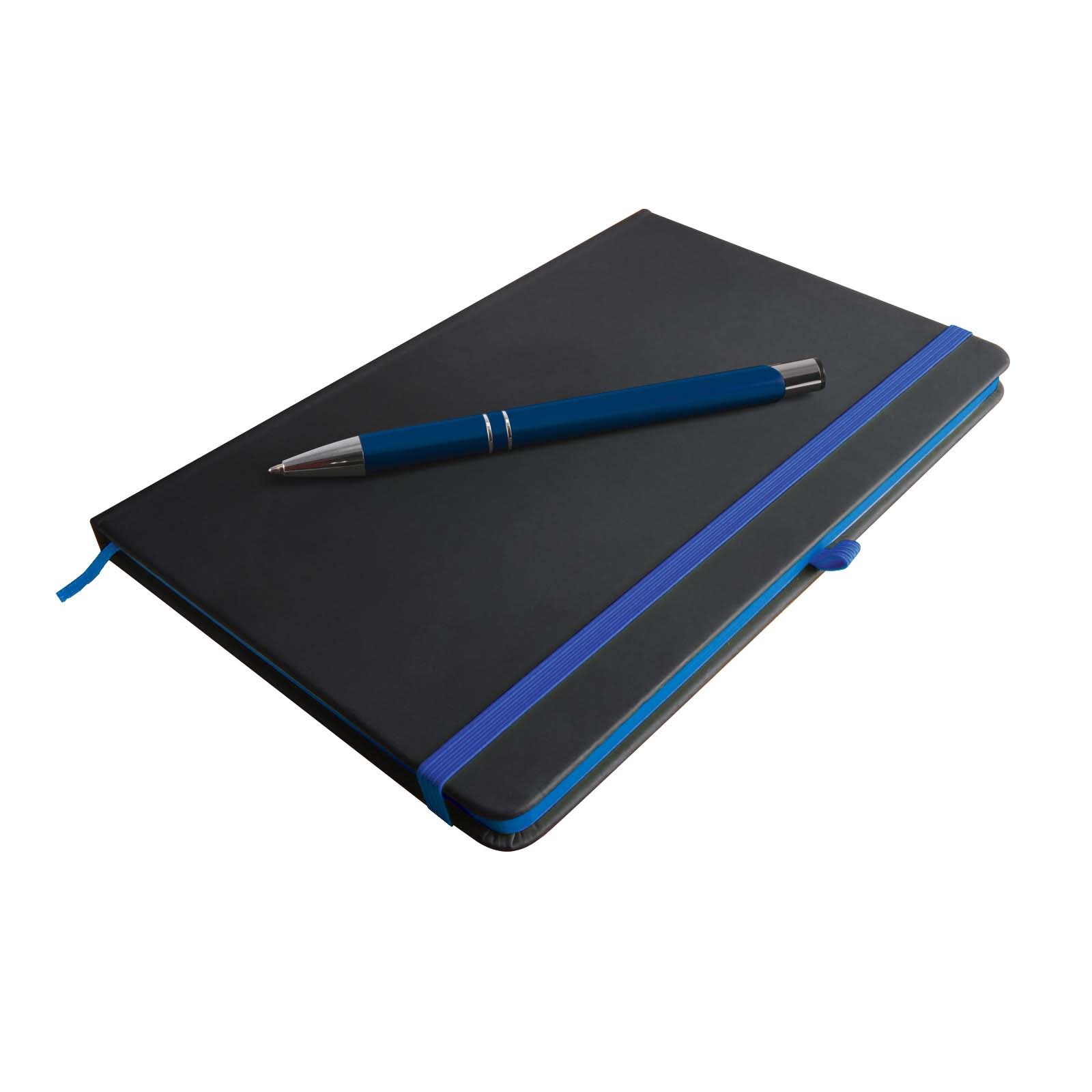 A Venture Supreme Notebook paired with a Napier Pen, featuring a sleek black cover and a blue elastic band.