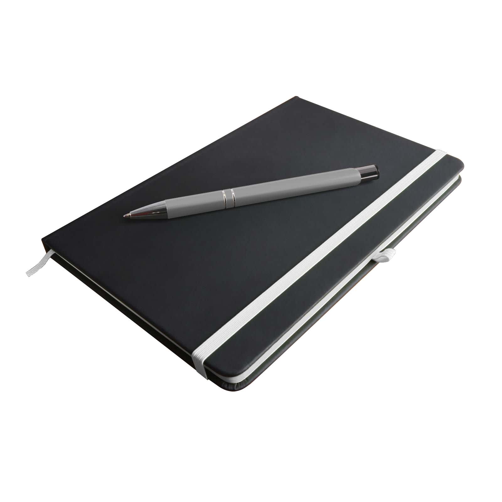 A black notebook with a white elastic band, accompanied by a gray pen resting on top.