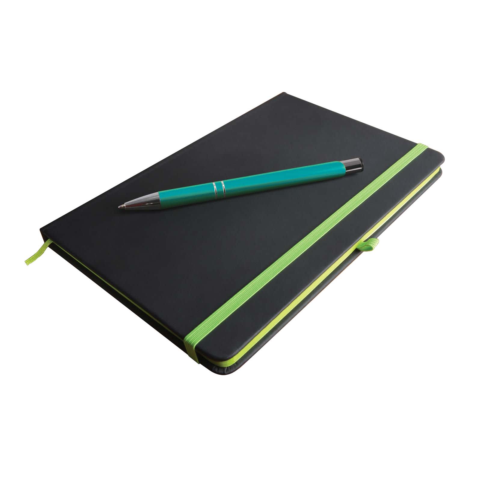 A black notebook with a green elastic band and a turquoise pen placed on top, featuring a logo.
