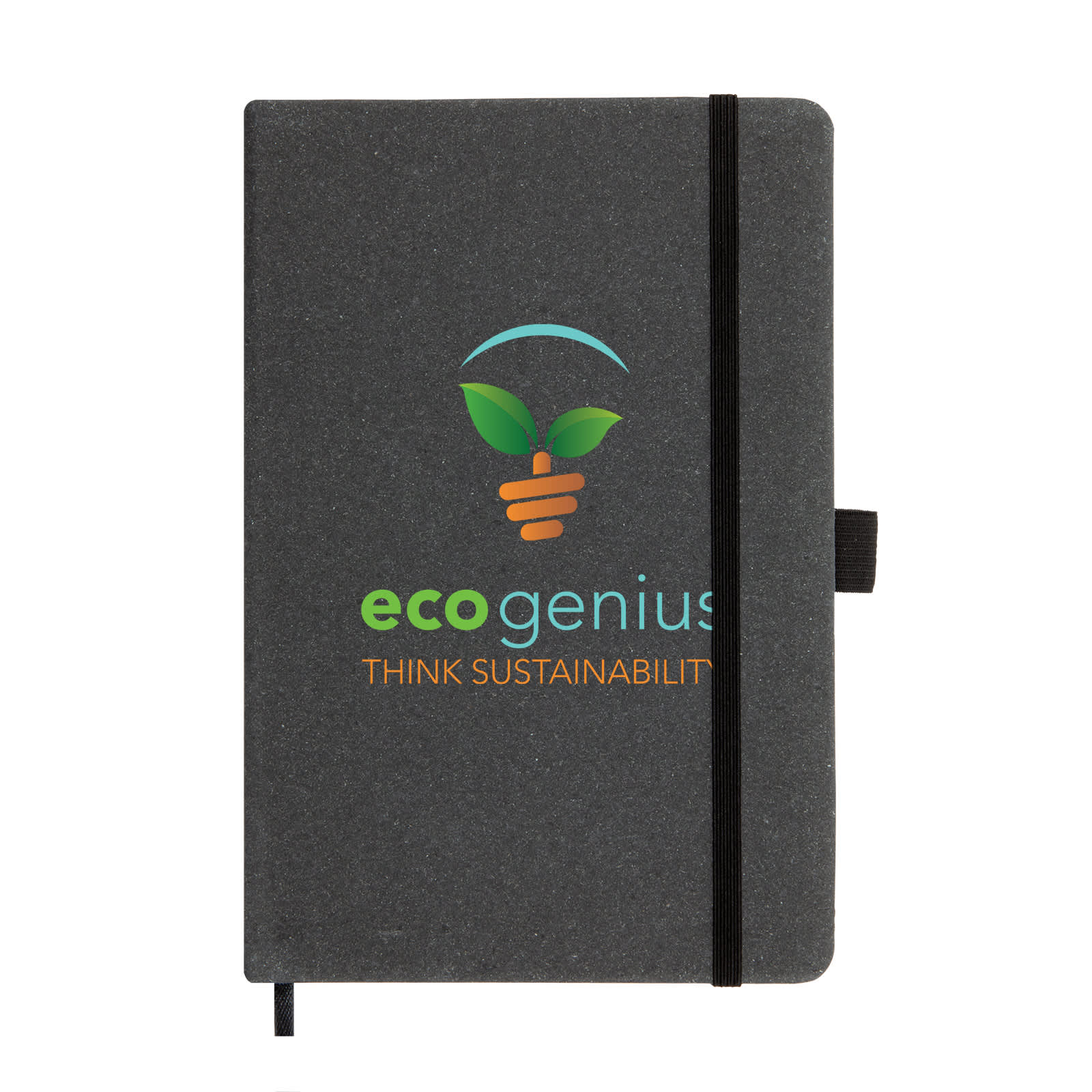 A recycled leather notebook featuring a dark grey cover with an elastic band closure and an eco-friendly logo.