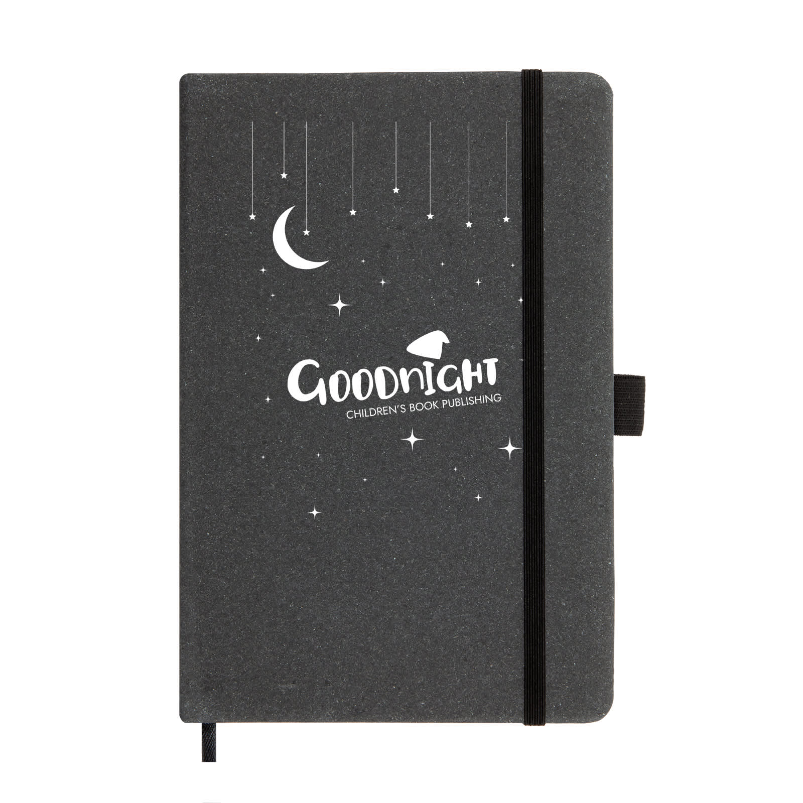 A black recycled leather notebook with a moon and star design, featuring an elastic closure and a logo.