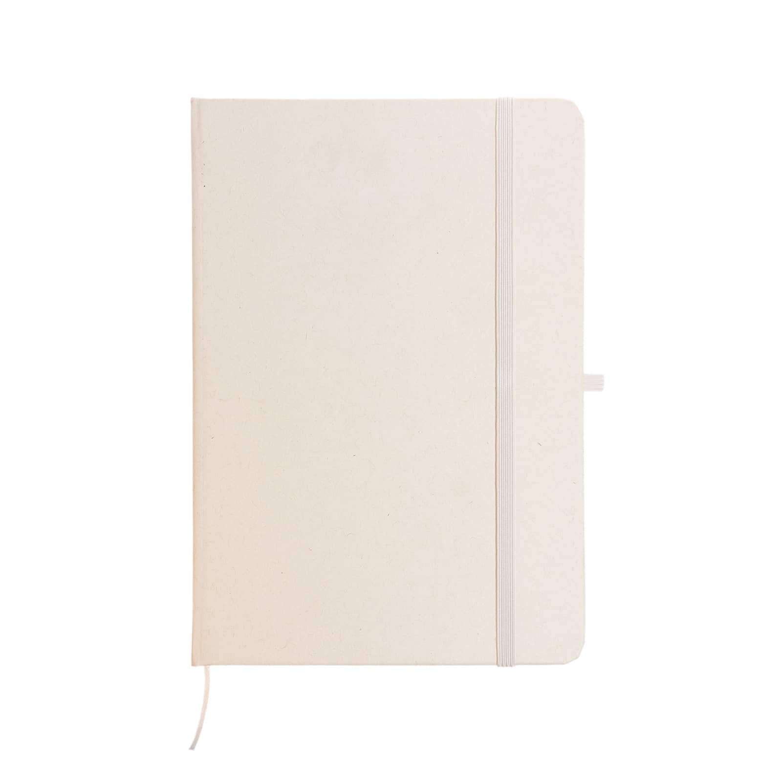 A cream-colored A5 notebook with a smooth cover and an elastic band closure. It includes a ribbon bookmark and a logo.