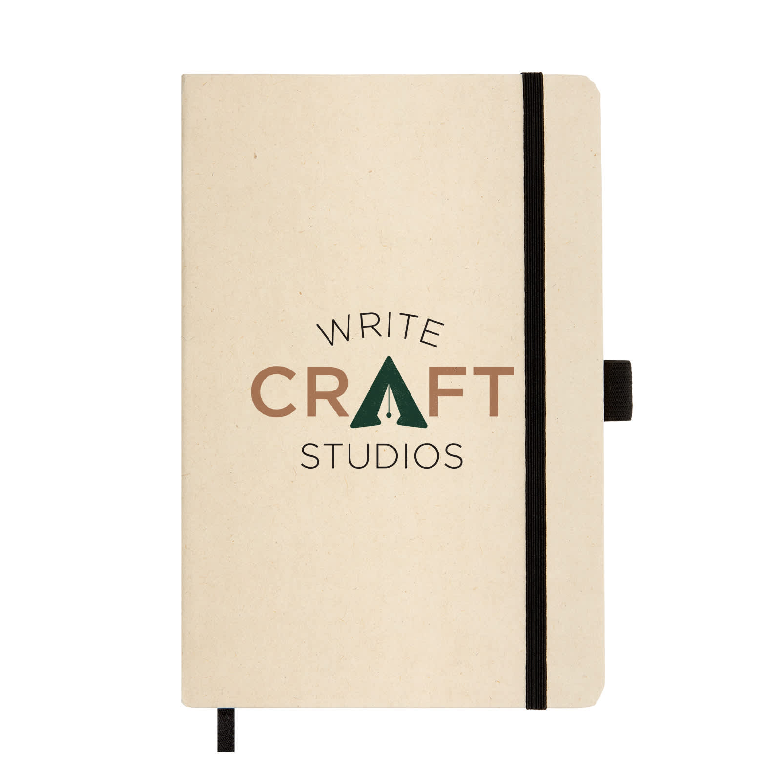 A beige A5 notebook with a black elastic band and a logo featuring the words 