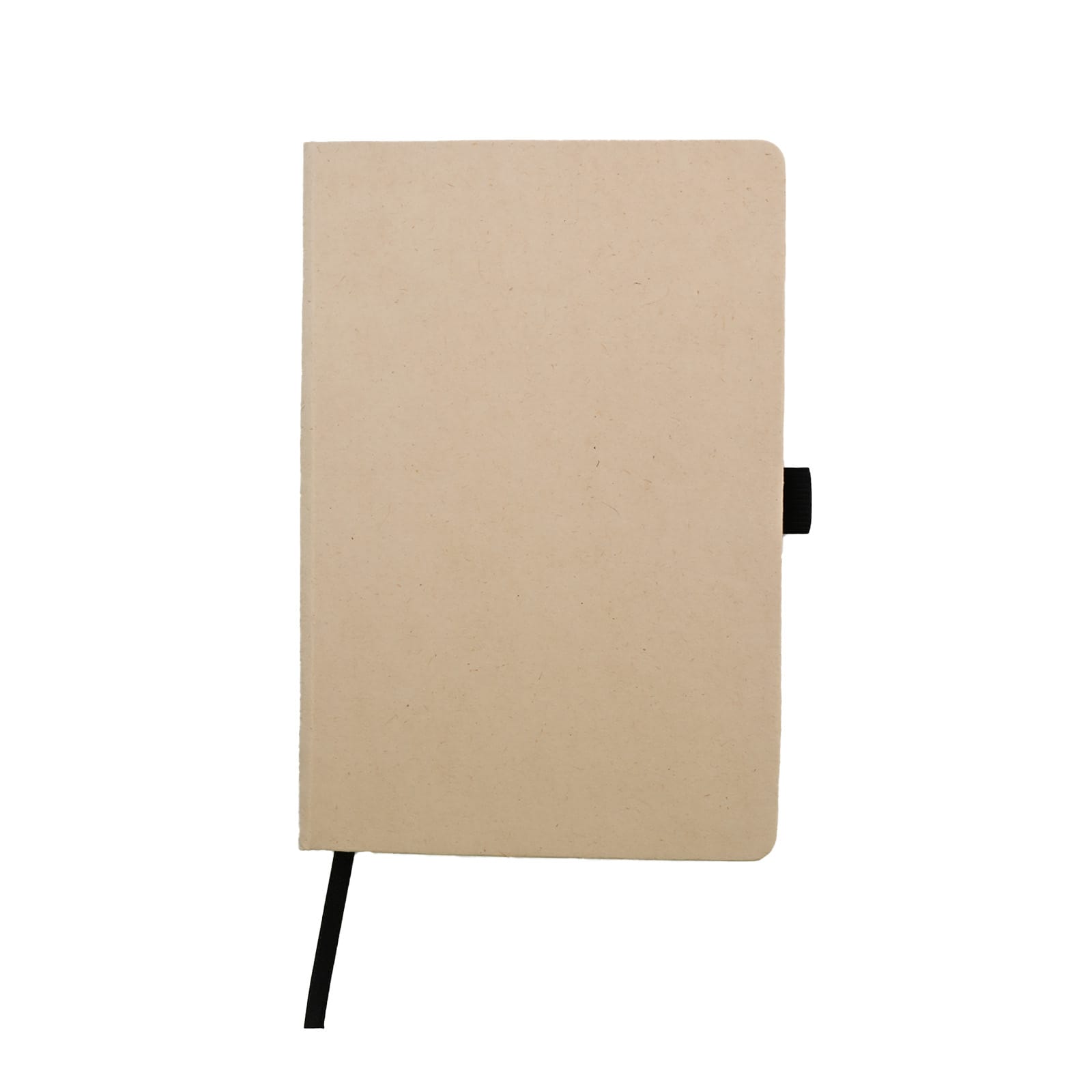 A beige A5 notebook with a black elastic band closure and a simple design. Includes a logo on the cover.