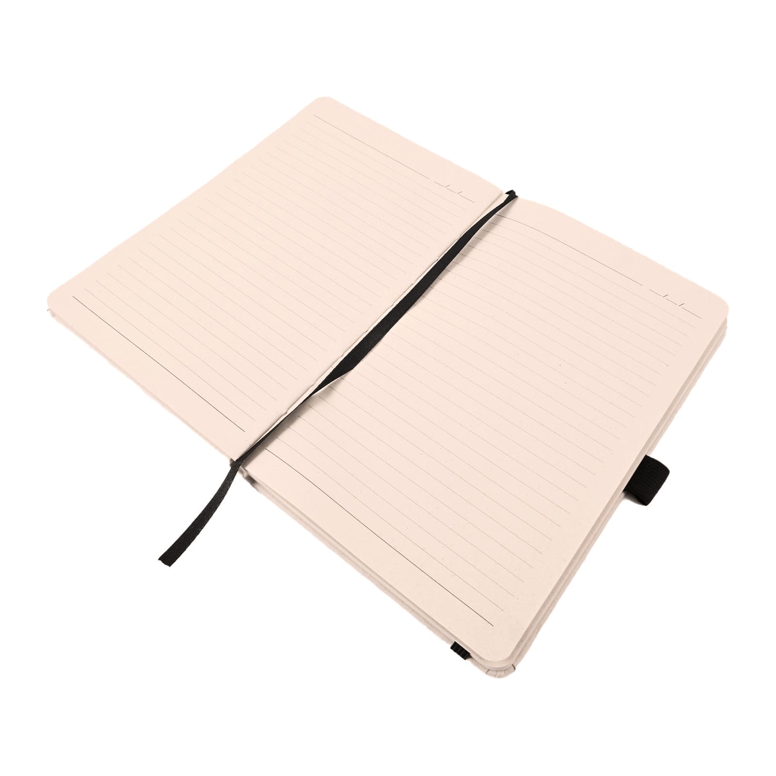 An open Venture Sugarcane A5 Notebook featuring lined pages and a ribbon bookmark.