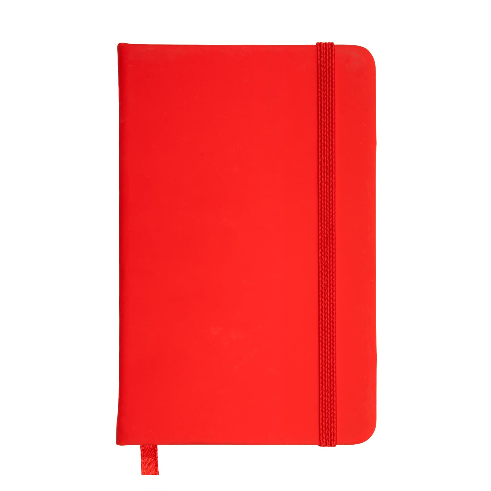 A vibrant red pocket notebook with an elastic band closure and a ribbon bookmark.
