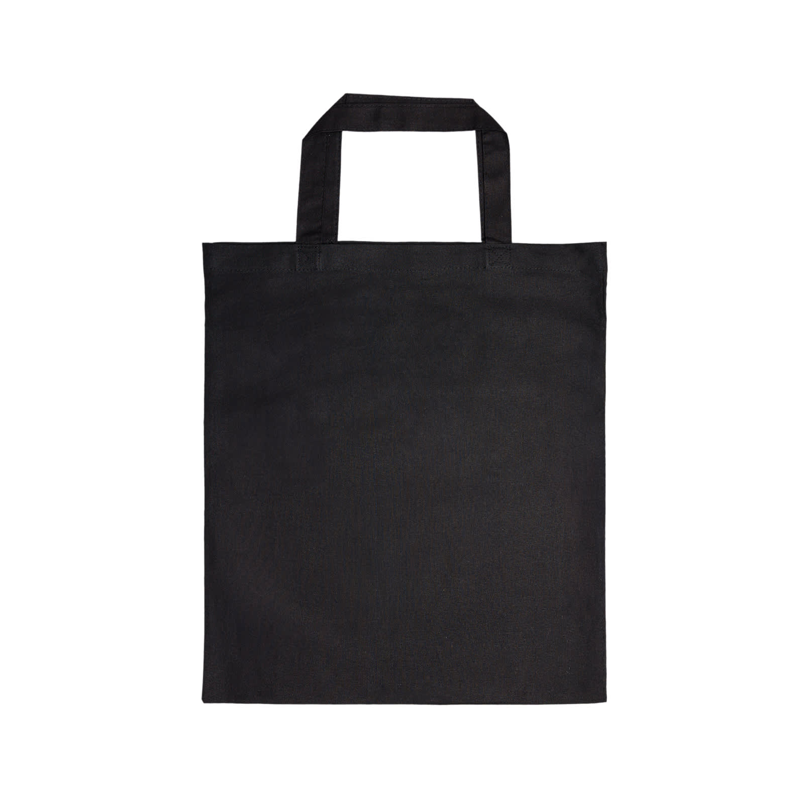 A white cotton tote bag with short handles is held by a hand. The bag features a simple design and a blank surface.
