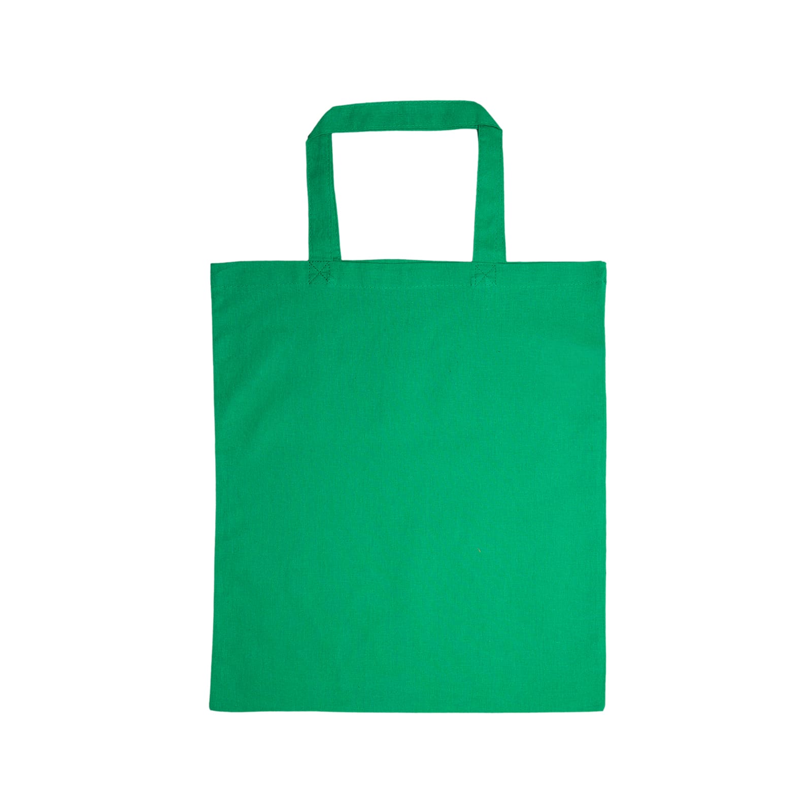 A white cotton tote bag with short handles, being held by a person wearing blue jeans.