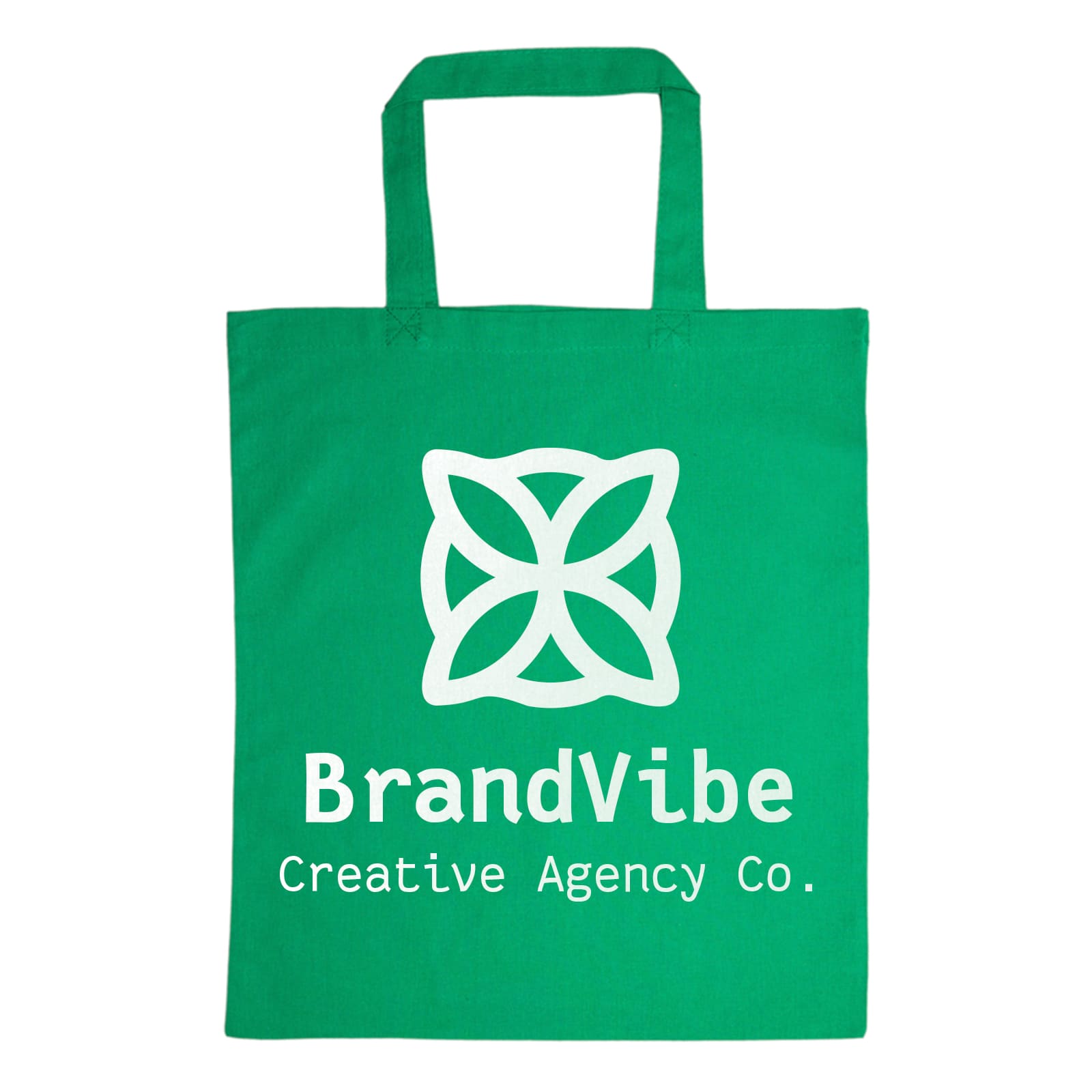A green cotton tote bag with a large white logo featuring a flower design and the text 