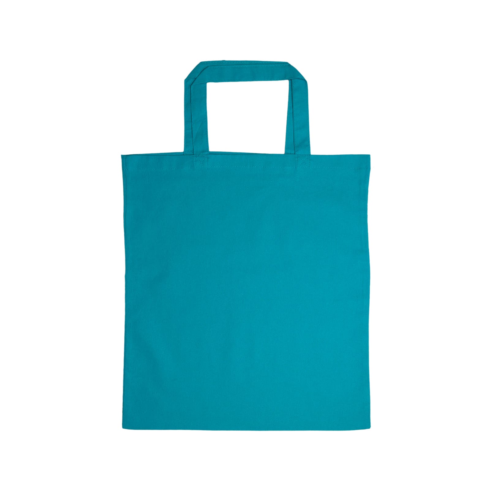 A red cotton tote bag with short handles.