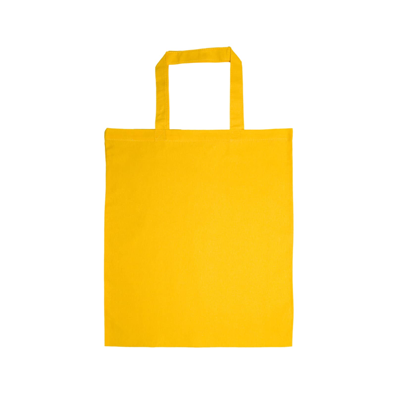 A purple cotton tote bag with short handles.