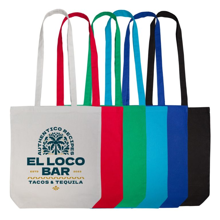 A set of coloured cotton long handle bags in red, green, blue, black, and a cream base, featuring a logo.