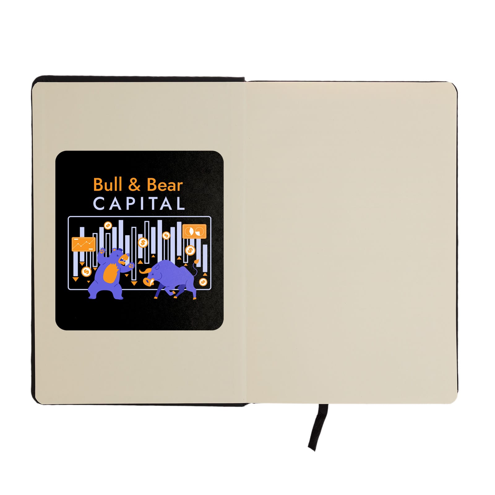 An A5 notebook with a black cover and an illustration featuring a bull and bear on the inner page, includes a logo.