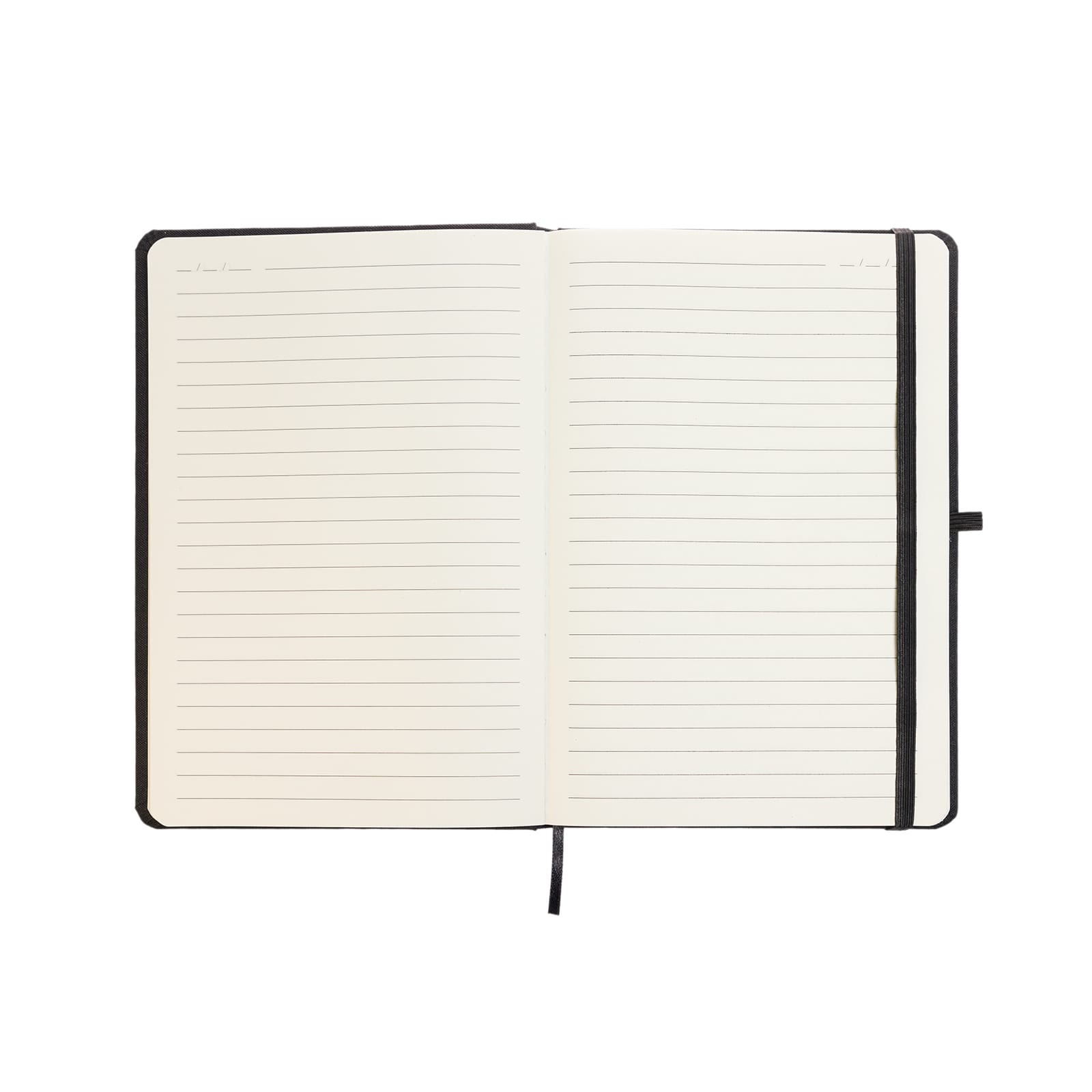 An open A5 notebook with lined pages and a black binding.