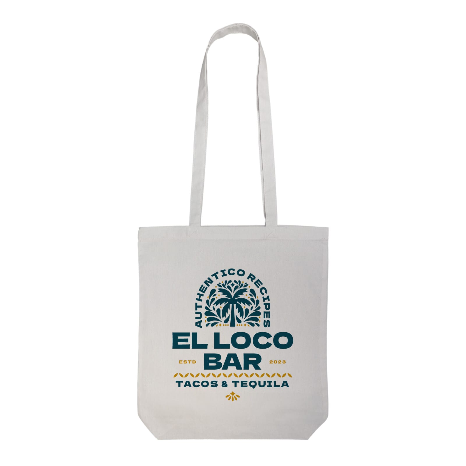 A white cotton long handle bag featuring a logo and colourful text design related to a bar and food.