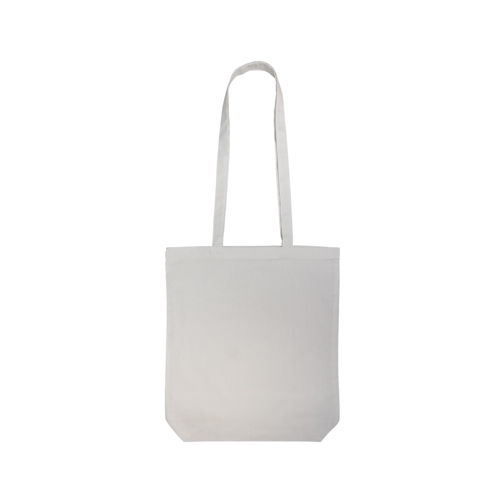A plain white cotton long handle bag with two sturdy handles and no visible branding.