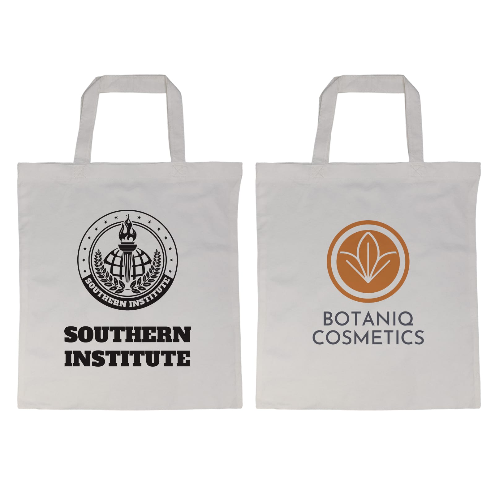 A white tote bag with short handles, held by a person wearing blue jeans and sneakers. The bag features a logo.