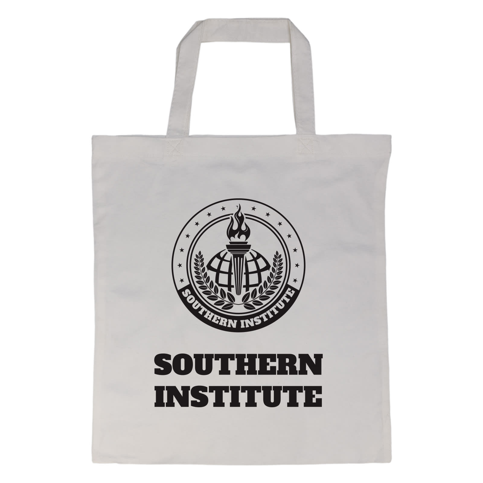 A gray tote bag featuring a logo and bold text that reads 
