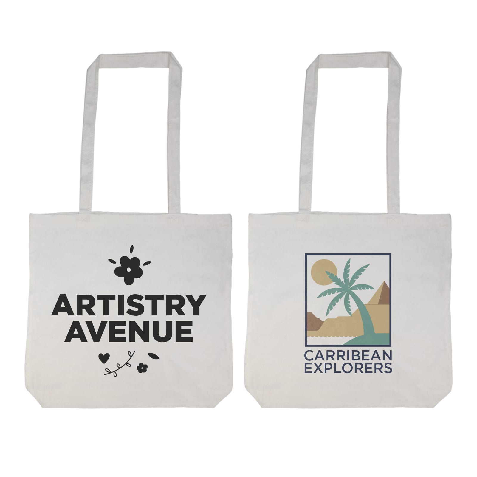 A tote bag with a long handle featuring the text 