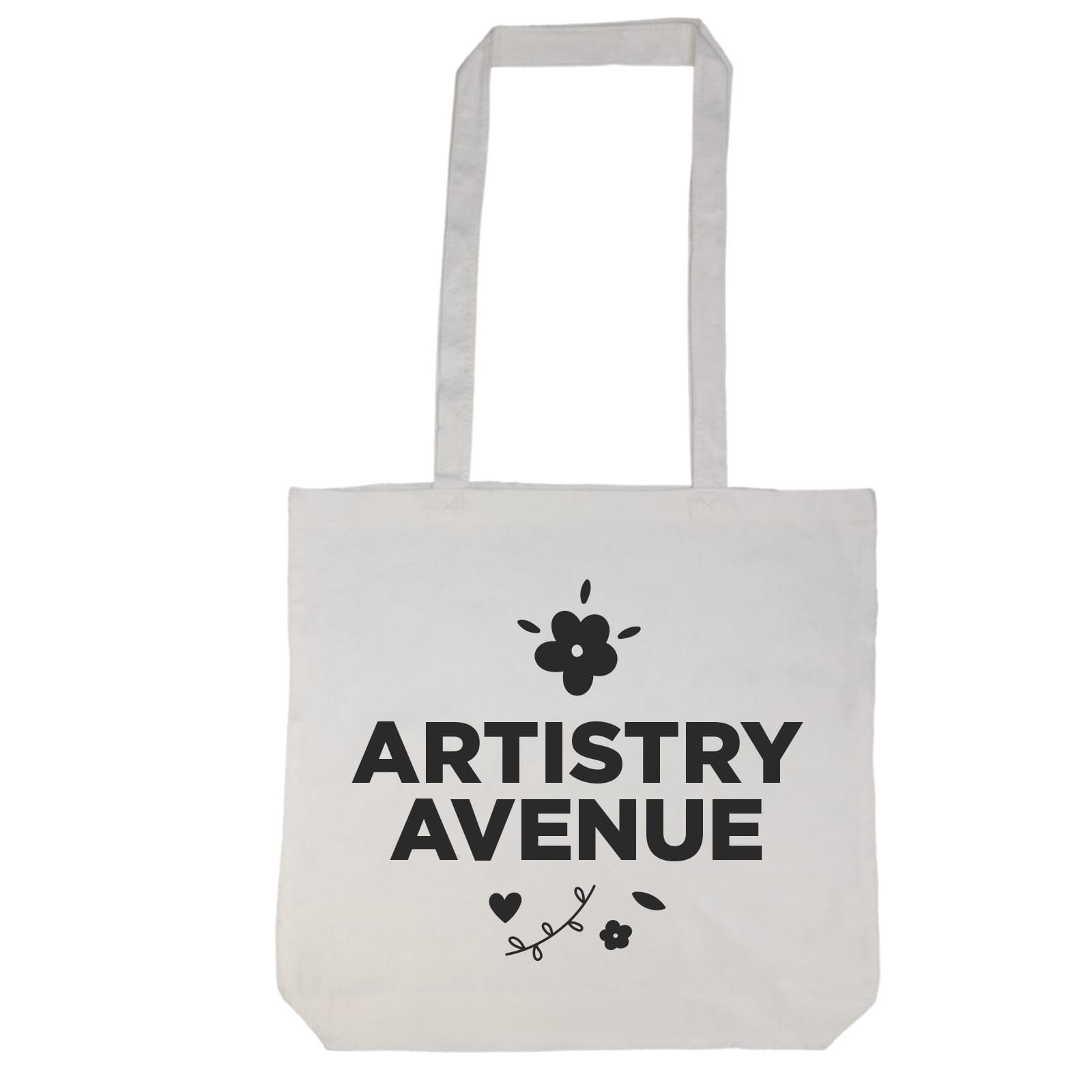 A light-colored tote bag with a graphic design featuring palm trees and mountains, including a logo.