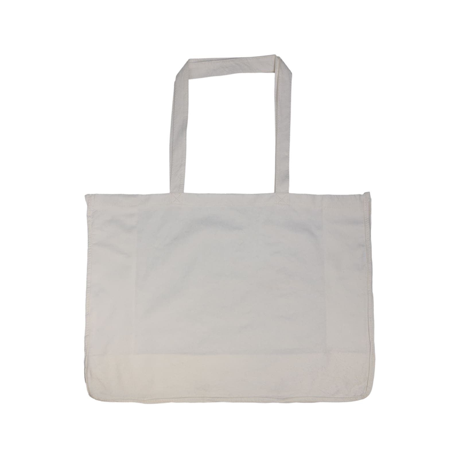 A large, white reusable grocery bag with blue branding featuring tropical elements like a palm tree and an airplane.