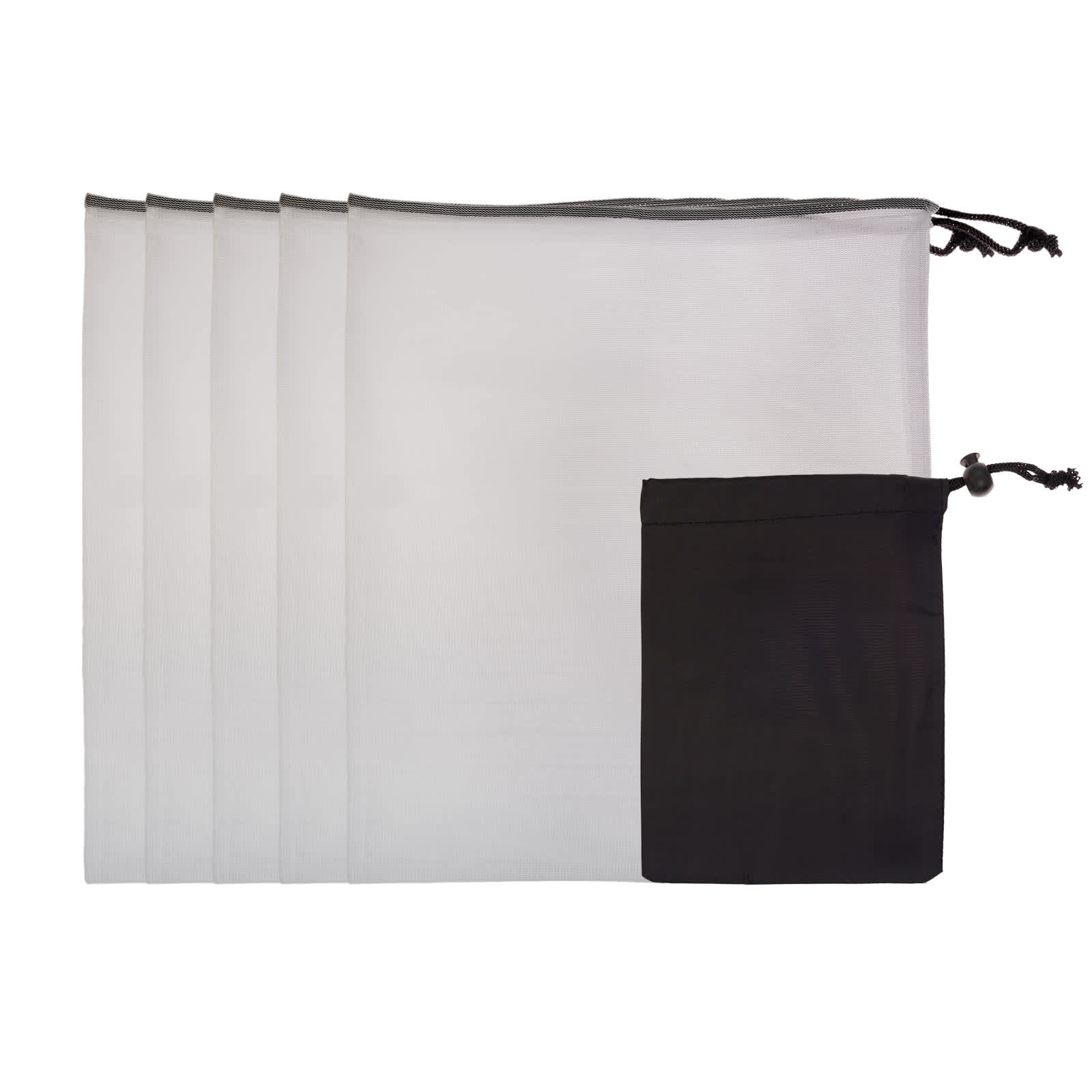 A set of five white drawstring produce bags, neatly folded into a small black pouch.