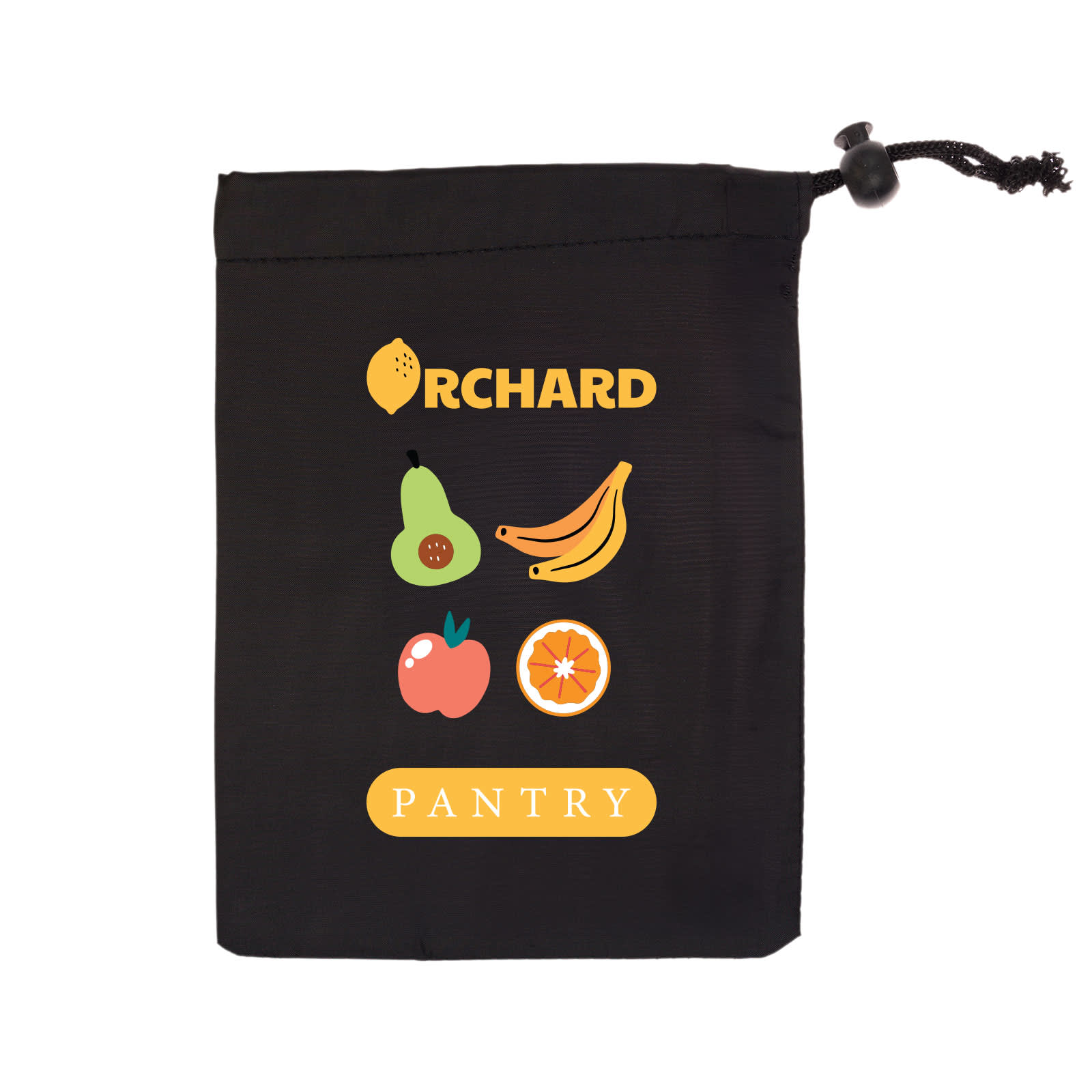 A drawstring bag in black, featuring colorful fruit graphics and the text 
