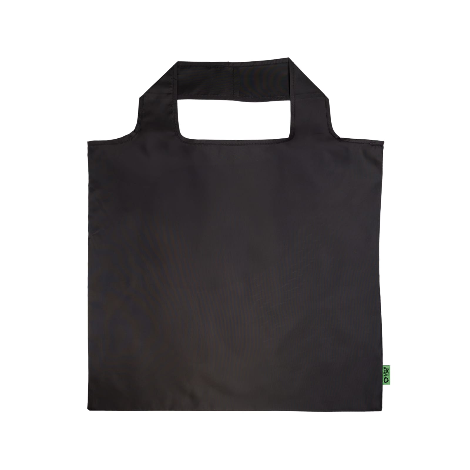 A white reusable grocery bag is held by a hand, featuring a logo on the side.