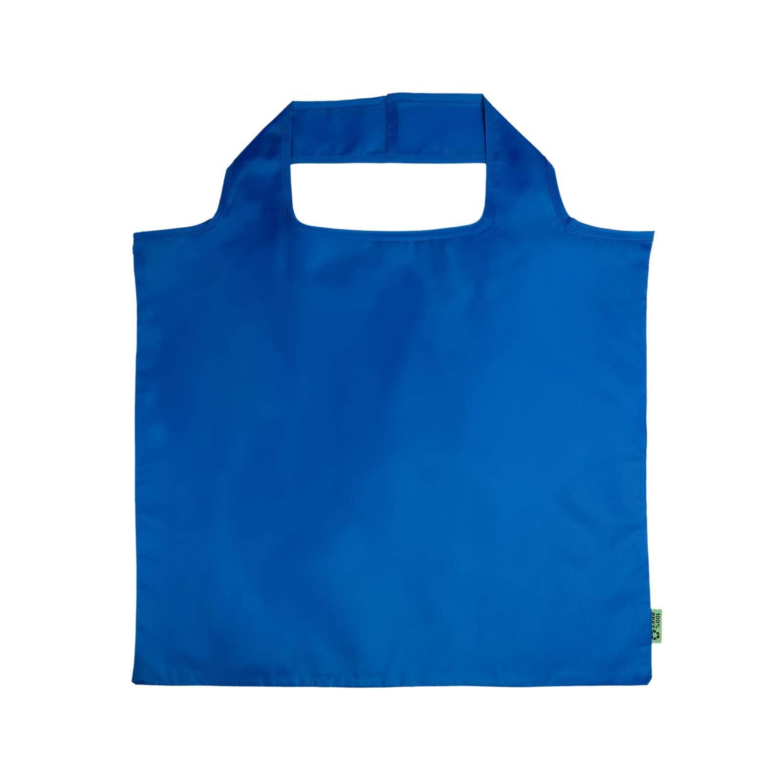 A white reusable grocery bag is being held by a person wearing blue jeans and shoes. The bag features a logo.