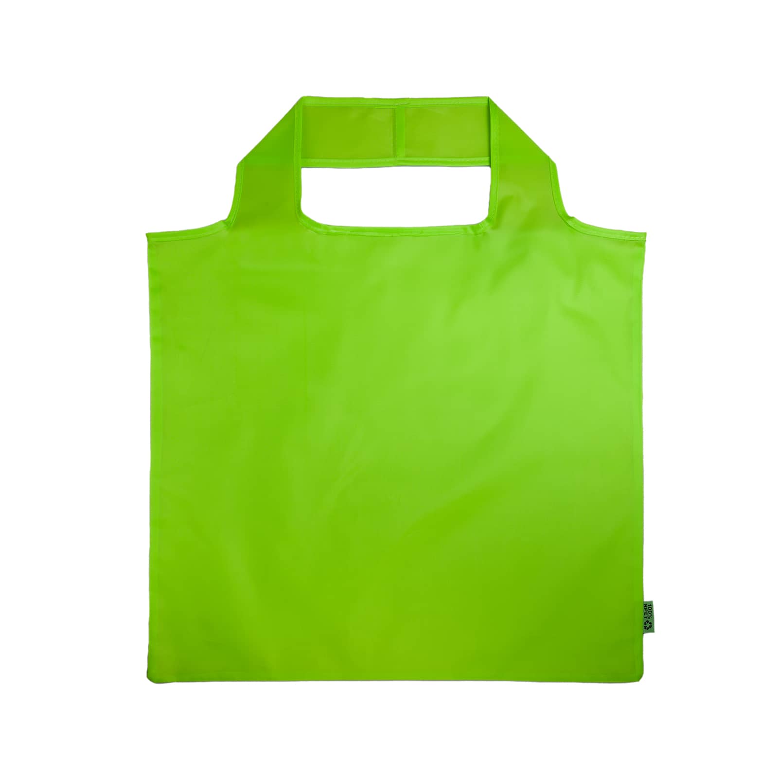 A white reusable grocery bag is held by a person wearing a black top and light blue jeans, with a visible logo.