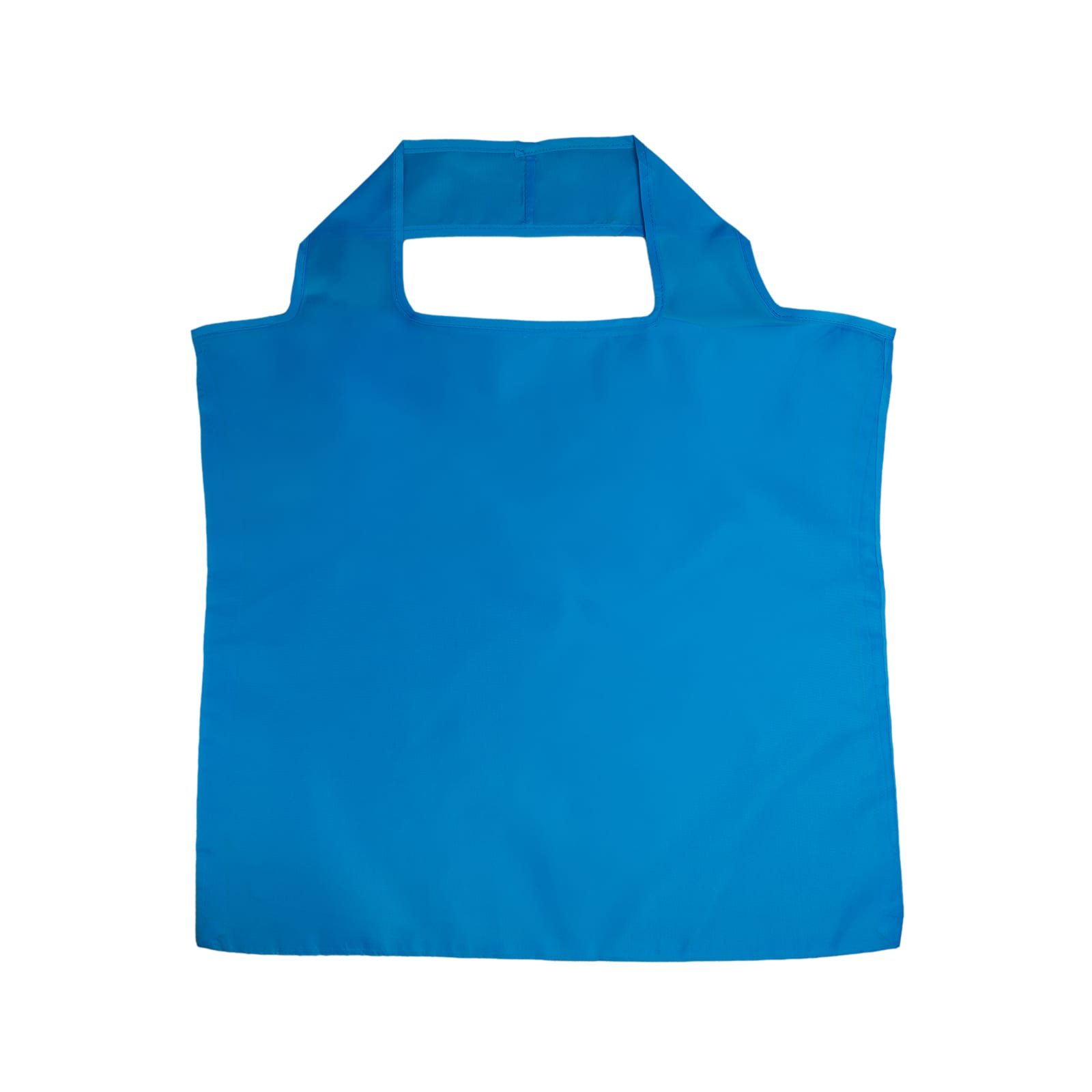 A white reusable grocery bag, held by a person, featuring handles and a simple design with a logo.