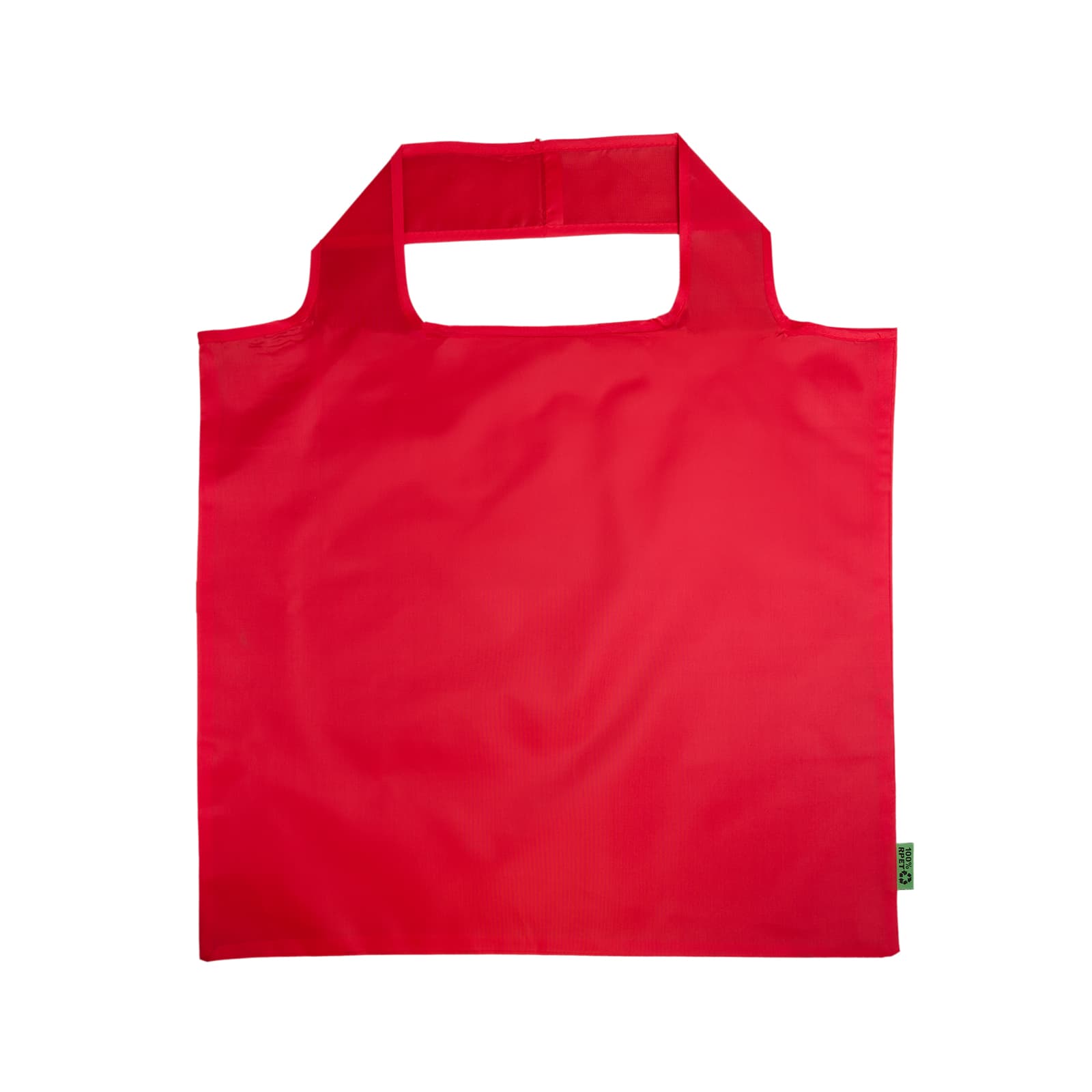 A reusable grocery bag made from recycled PET, featuring a sleek black design with an open top and two handles.